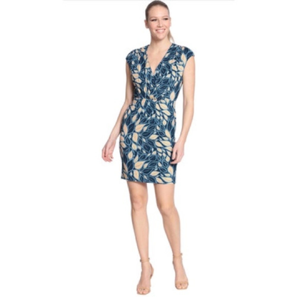 London Times Navy Floral Leaf Print Surplice Cap Sleeve Sheath Mini Dress 20W